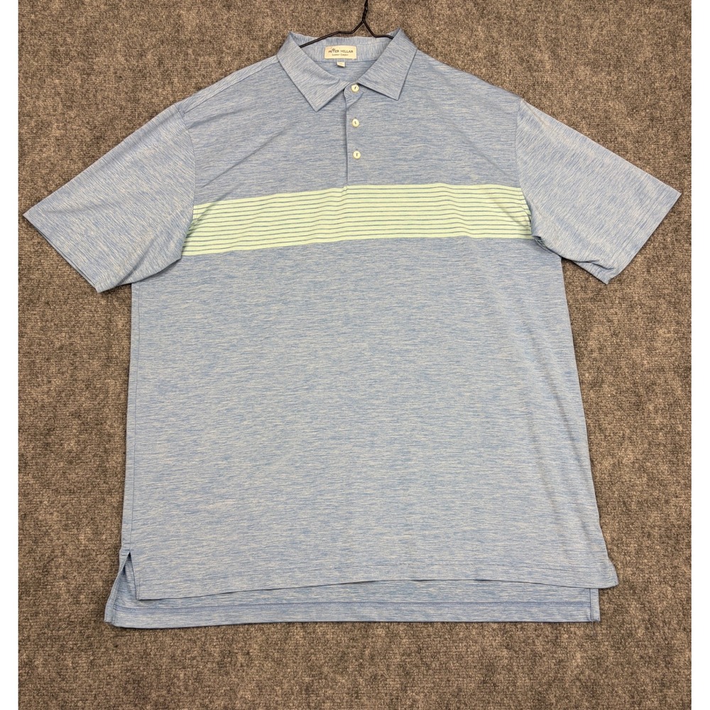 Peter Millar Summer Comfort Polo Shirt Mens XL Blue Heather Lime Green Striped